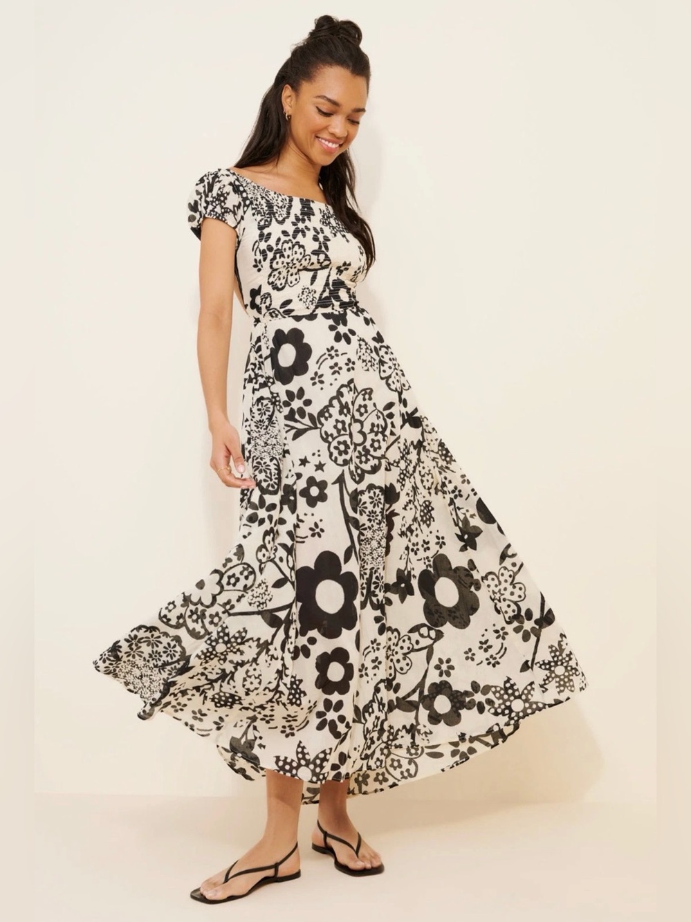 Free People Black & White Floral Off-Shoulder Maxi Dress - Picture 1 of 13